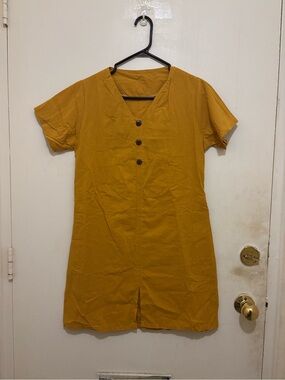 Mustard Yellow Button Front Shift Dress | V-Neck | Size Unknown